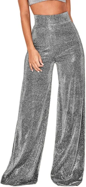 Velius Women's Sexy Velvet Sparkly Wide Leg Pants Trousers Clubwear with Pockets