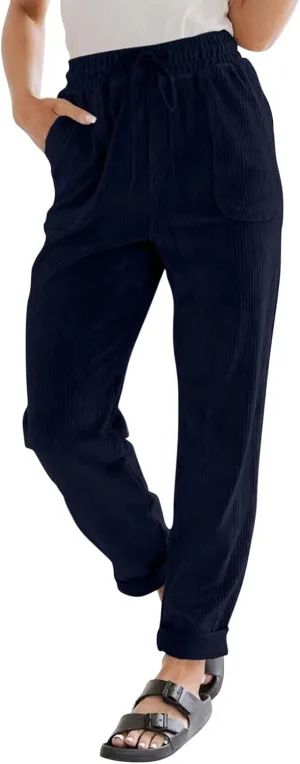 Vintage Corduroy Pants Women Baggy Drawstring Elastic Waist Pants Casual Comfy Work Pants Loose Fit Straight Leg Pants