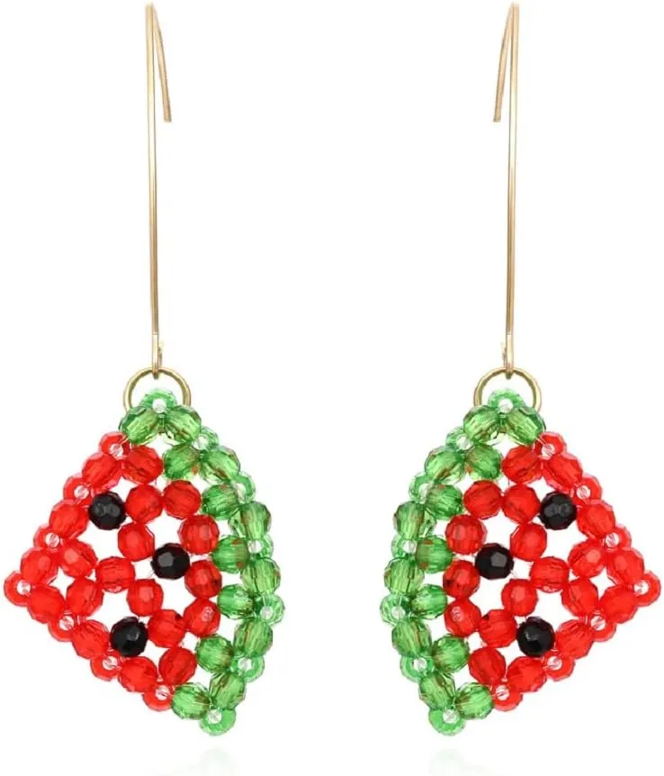 Watermelon Earrings for Women, Cute Fruit Watermelon Slice Earrings for Womens, Handmade Braided Beaded Watermelon Dangle Earrings Hypoallergenic, Sterling Silver, No Gemstone