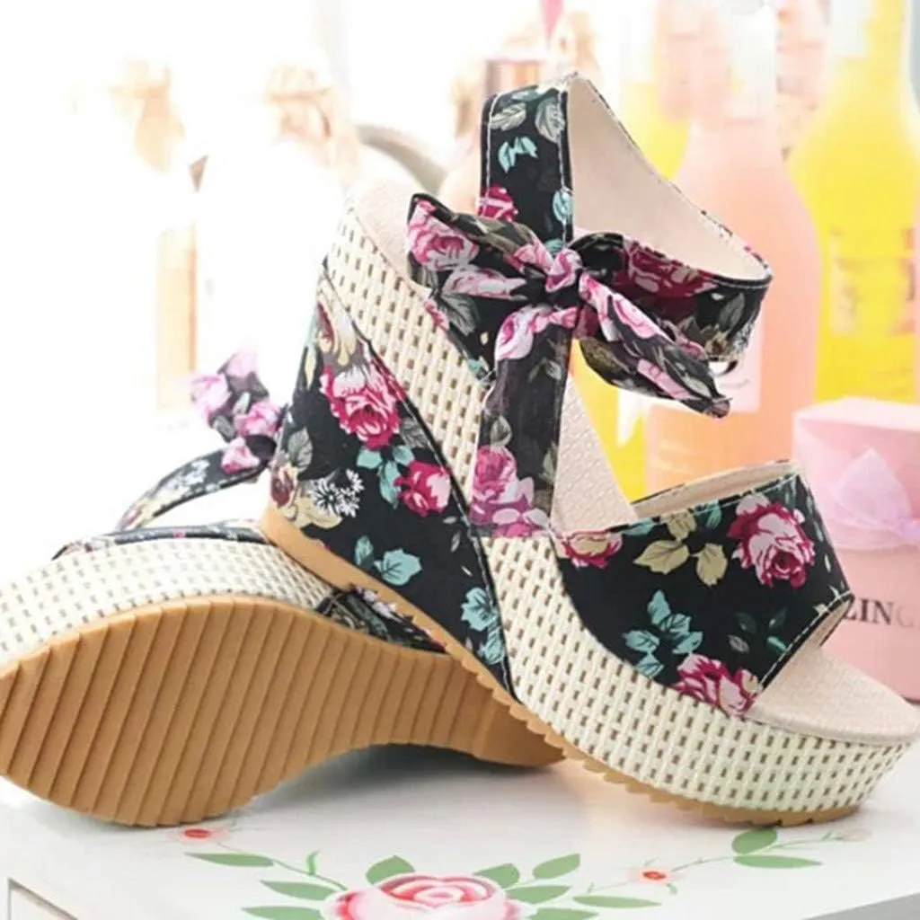 Wedge Platform Sandals Open Toe High Heels Cute Bowknot Ankle Strap Dressy Summer Shoes Wedges Heel Espadrilles Tie Buckle Dress Butterfly Floral Fish Boho Lace-up Espadrille Open-Toe