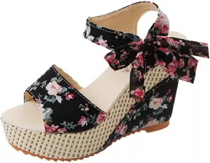 Wedge Platform Sandals Open Toe High Heels Cute Bowknot Ankle Strap Dressy Summer Shoes Wedges Heel Espadrilles Tie Buckle Dress Butterfly Floral Fish Boho Lace-up Espadrille Open-Toe