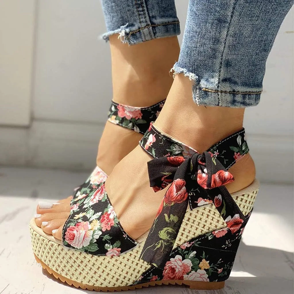 Wedge Platform Sandals Open Toe High Heels Cute Bowknot Ankle Strap Dressy Summer Shoes Wedges Heel Espadrilles Tie Buckle Dress Butterfly Floral Fish Boho Lace-up Espadrille Open-Toe