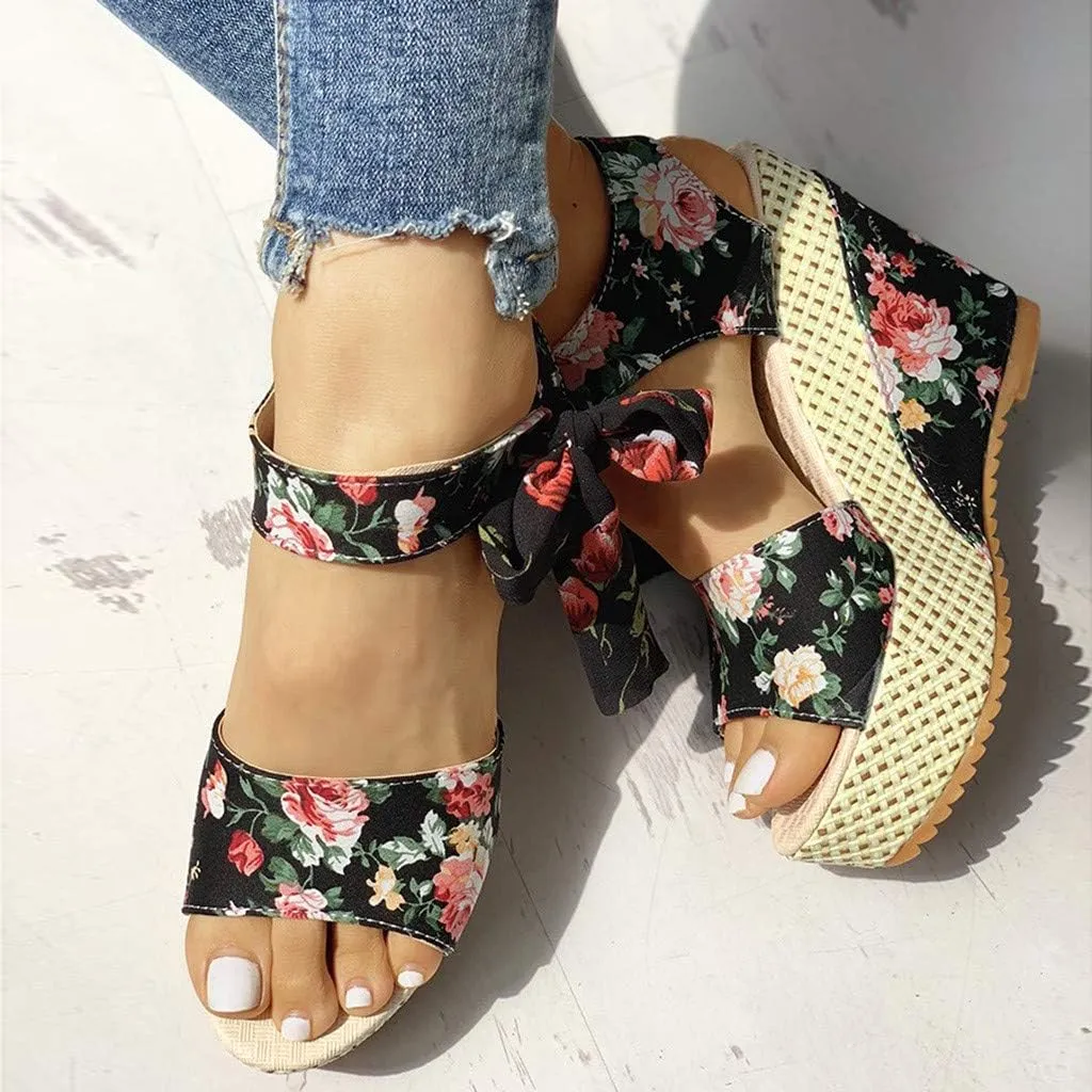 Wedge Platform Sandals Open Toe High Heels Cute Bowknot Ankle Strap Dressy Summer Shoes Wedges Heel Espadrilles Tie Buckle Dress Butterfly Floral Fish Boho Lace-up Espadrille Open-Toe