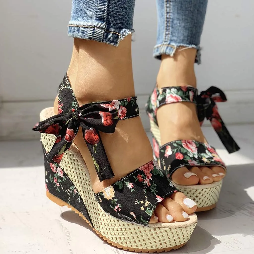 Wedge Platform Sandals Open Toe High Heels Cute Bowknot Ankle Strap Dressy Summer Shoes Wedges Heel Espadrilles Tie Buckle Dress Butterfly Floral Fish Boho Lace-up Espadrille Open-Toe