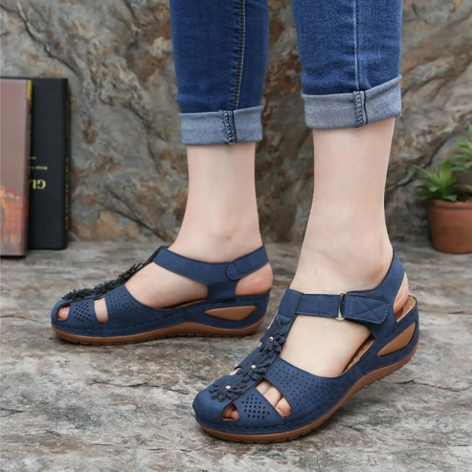 Wedge Sandals for Women Closed Toe Comfortable with Massage Function Outdoor Platform Orthotic Slippers Arch Support Shoes Orthopedic Dressy Summer Buckle Ankle Strap Espadrilles