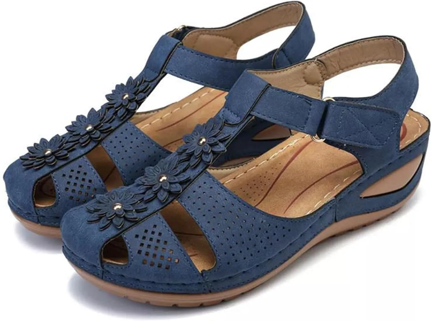 Wedge Sandals for Women Closed Toe Comfortable with Massage Function Outdoor Platform Orthotic Slippers Arch Support Shoes Orthopedic Dressy Summer Buckle Ankle Strap Espadrilles