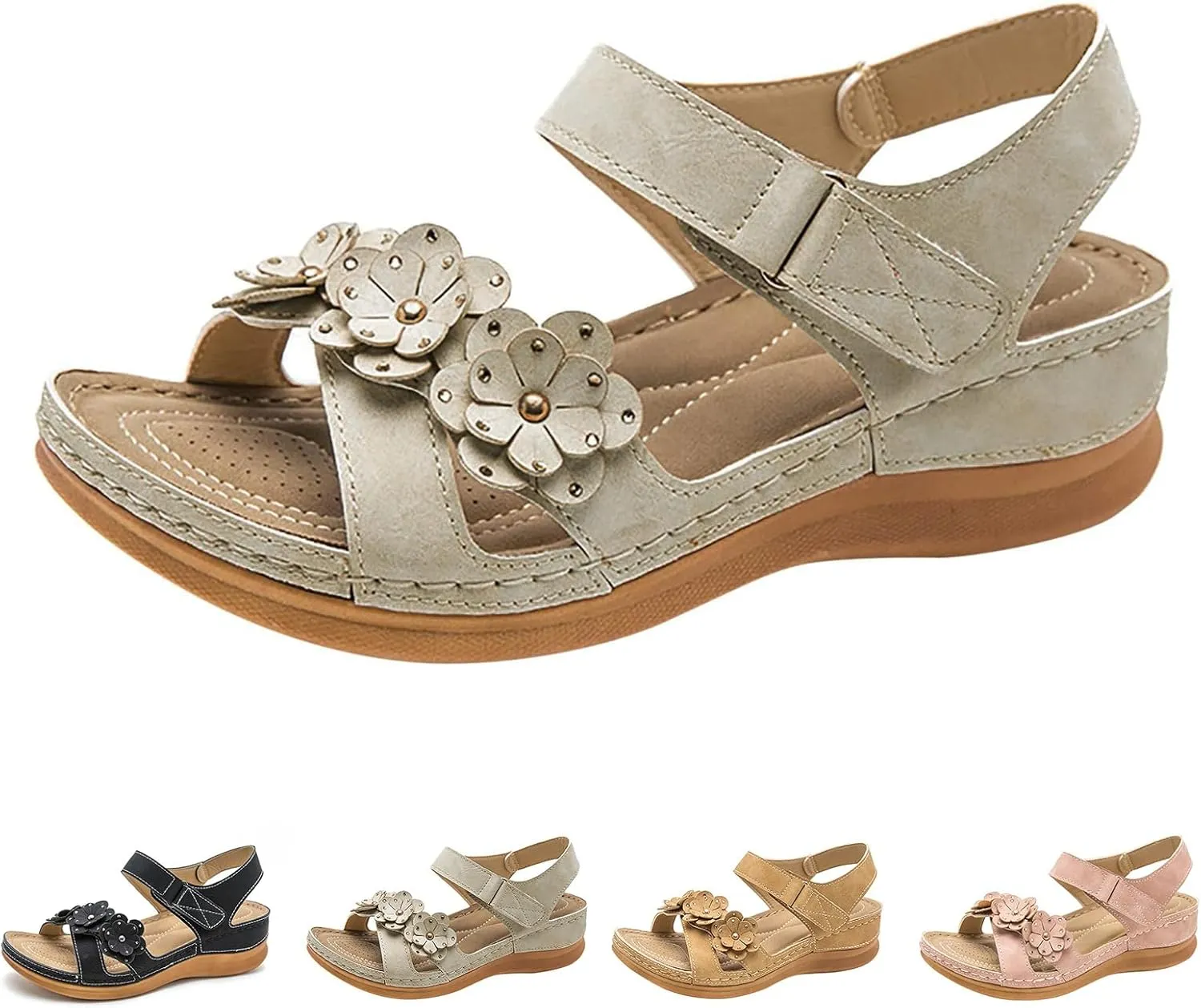 Wedge Sandals for Women Comfortable Dressy Summer Open Toe Orthotic Sandals Fashion Flower Decorate Casual Sandal Soft Cushion Low Wedge Walking Shoes Outdoor