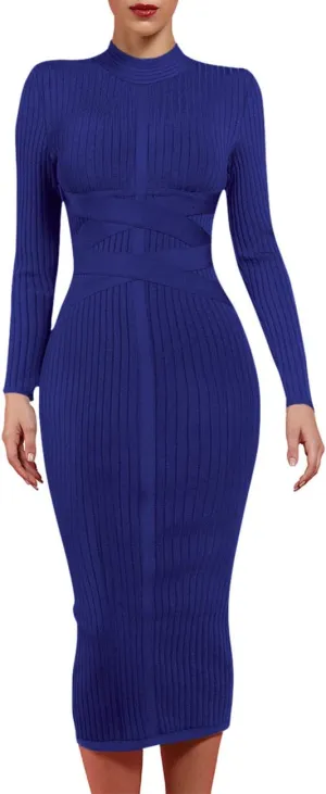 whoinshop Women's Cross Strap Ribbed Bandage Long Sleeve Midi Fall Winter Bodycon Party Dress