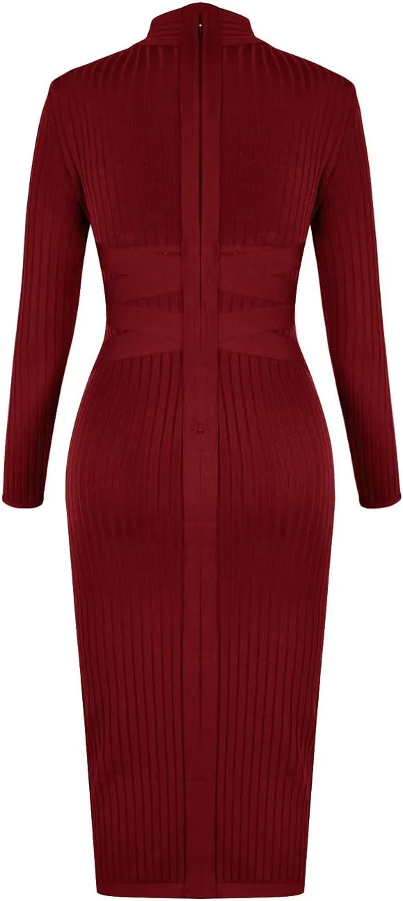 whoinshop Women's Cross Strap Ribbed Bandage Long Sleeve Midi Fall Winter Bodycon Party Dress