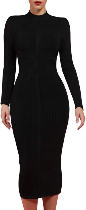 whoinshop Women's Cross Strap Ribbed Bandage Long Sleeve Midi Fall Winter Bodycon Party Dress