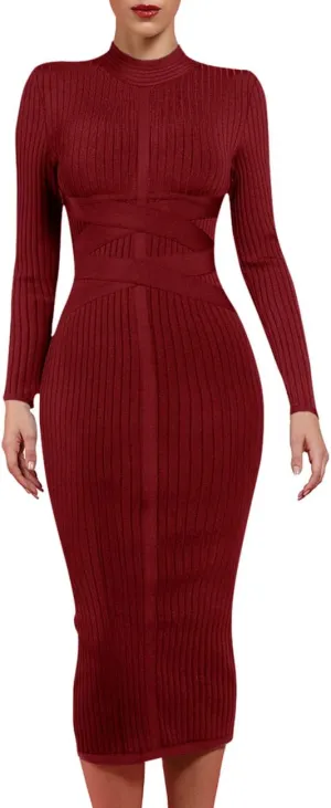 whoinshop Women's Cross Strap Ribbed Bandage Long Sleeve Midi Fall Winter Bodycon Party Dress