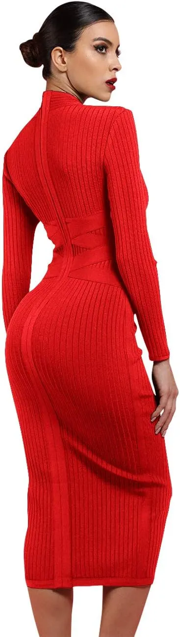 whoinshop Women's Cross Strap Ribbed Bandage Long Sleeve Midi Fall Winter Bodycon Party Dress