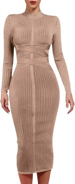 whoinshop Women's Cross Strap Ribbed Bandage Long Sleeve Midi Fall Winter Bodycon Party Dress