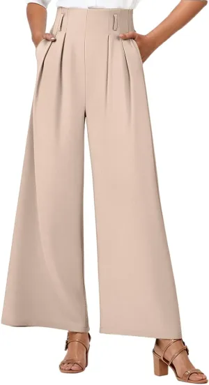 Wide Leg Work Pants Women Stretchy High Waist Slacks Business Office Dressy Casual Flowy Palazzo Trouser with Pockets