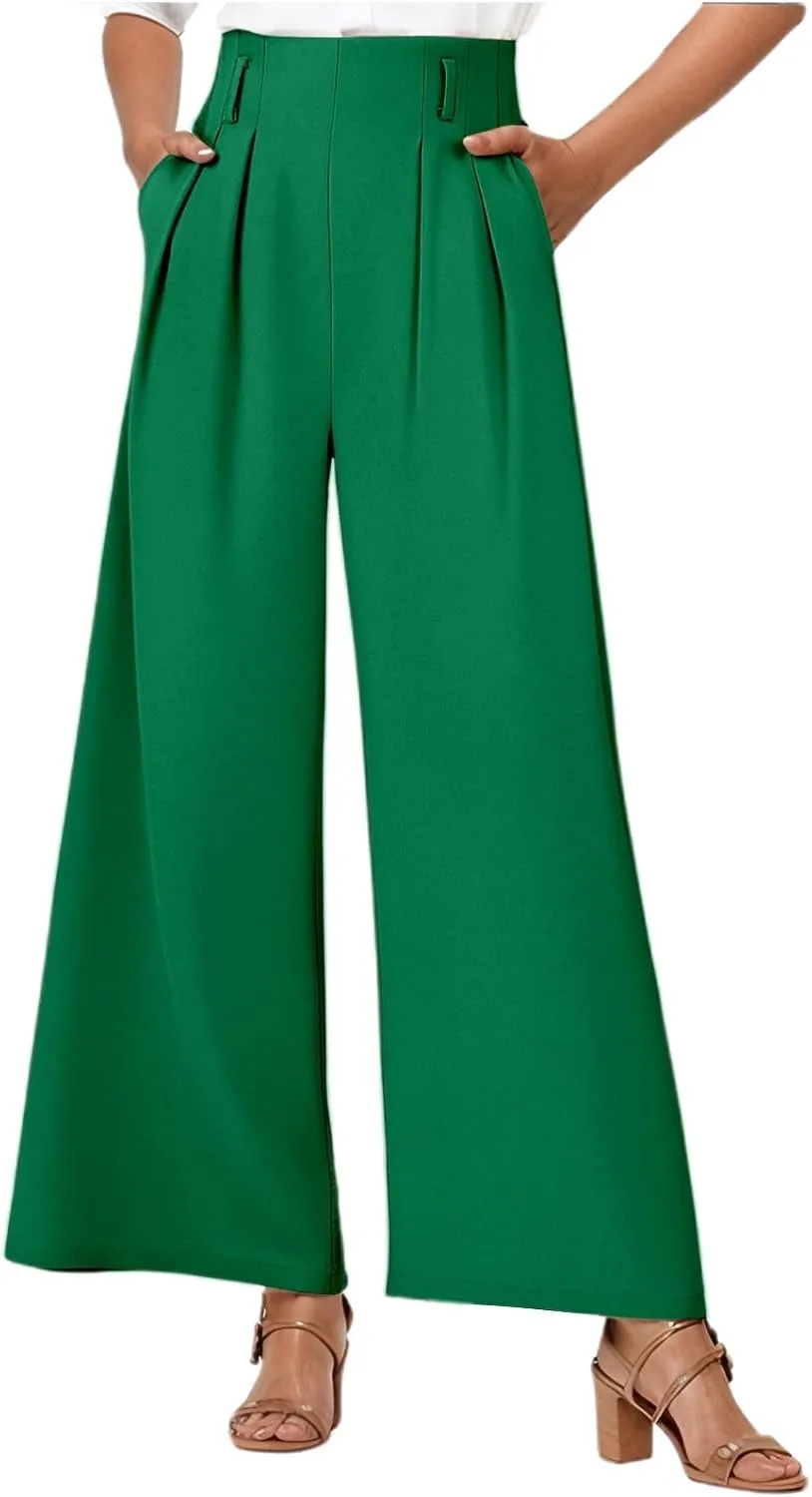 Wide Leg Work Pants Women Stretchy High Waist Slacks Business Office Dressy Casual Flowy Palazzo Trouser with Pockets