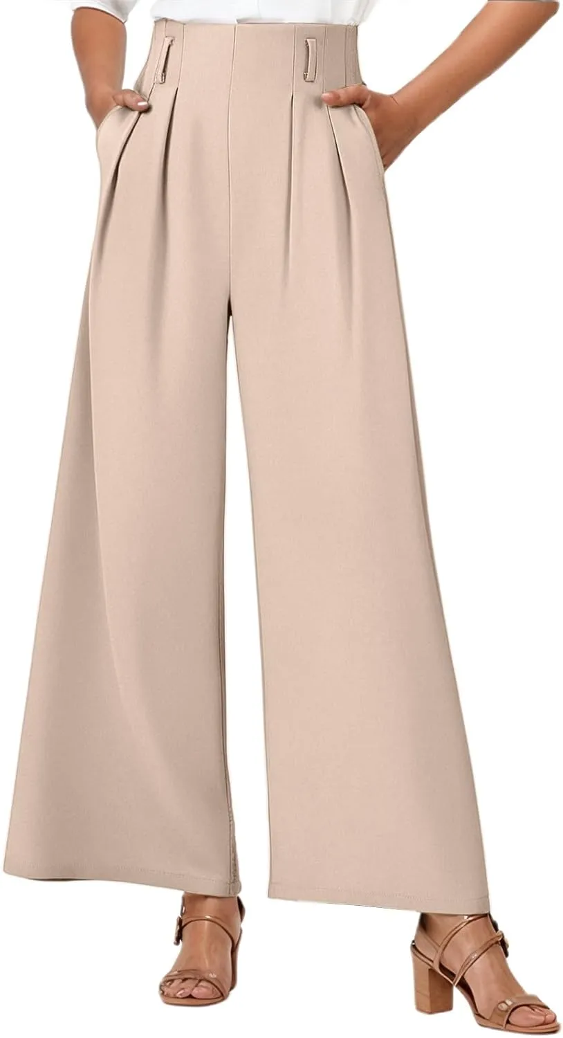Wide Leg Work Pants Women Stretchy High Waist Slacks Business Office Dressy Casual Flowy Palazzo Trouser with Pockets