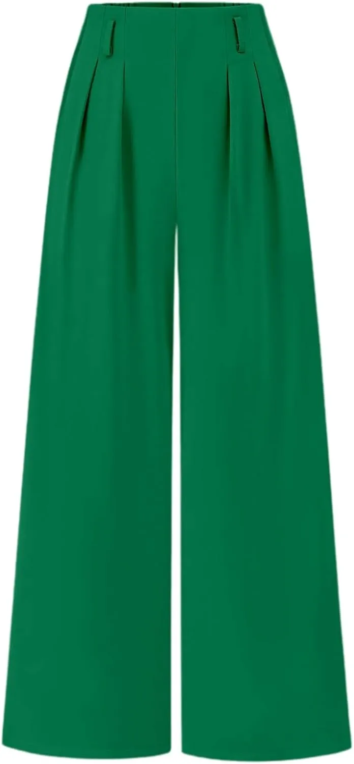 Wide Leg Work Pants Women Stretchy High Waist Slacks Business Office Dressy Casual Flowy Palazzo Trouser with Pockets