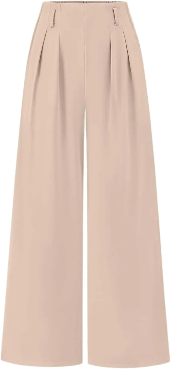 Wide Leg Work Pants Women Stretchy High Waist Slacks Business Office Dressy Casual Flowy Palazzo Trouser with Pockets