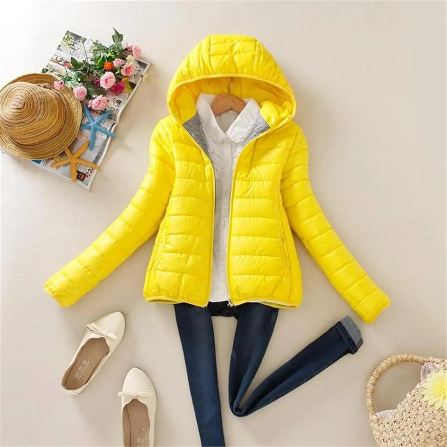 Winter Jackets for Women Trendy Warm Lightweight Puffer Coats Solid Quilted Full Zip Down Outerwear with Hood
