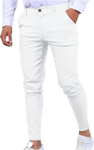 wodceeke Business Skinny Pants for Men Zipper High Waist Solid Color Pants Casual Stretchy Tapered Suit Trousers with Pocket