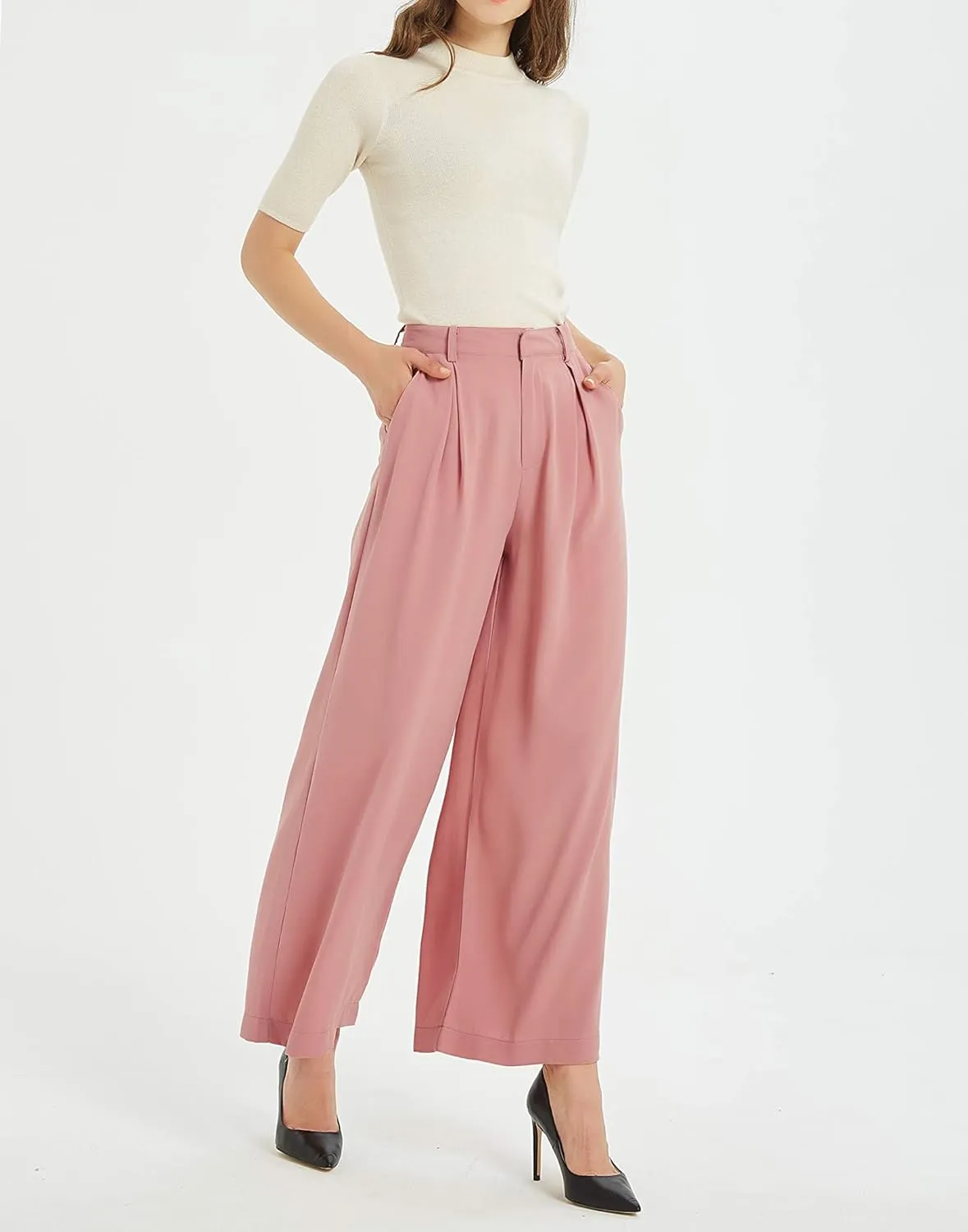 Women High Waist Casual Wide Leg Pants Elegant Work Pants Palazzo Pants Trousers with Pockets Lounge Pants Flowy