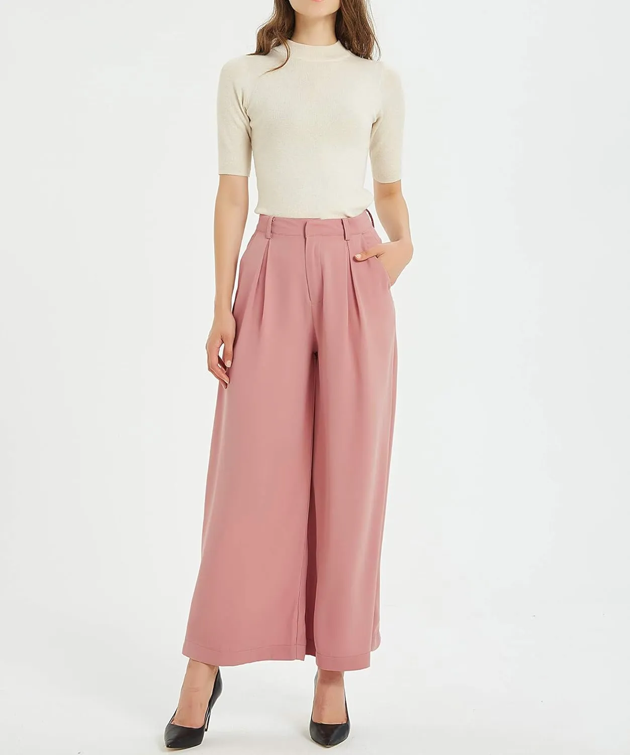 Women High Waist Casual Wide Leg Pants Elegant Work Pants Palazzo Pants Trousers with Pockets Lounge Pants Flowy