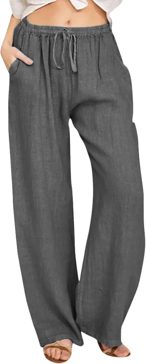 Women High Waist Wide Leg Pants Fashion Drawstring Elastic Beach Trousers Summer Comfy Straight Leg Long Pants Pockets
