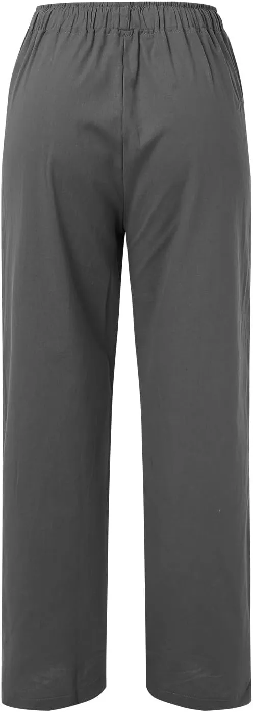 Women High Waist Wide Leg Pants Fashion Drawstring Elastic Beach Trousers Summer Comfy Straight Leg Long Pants Pockets