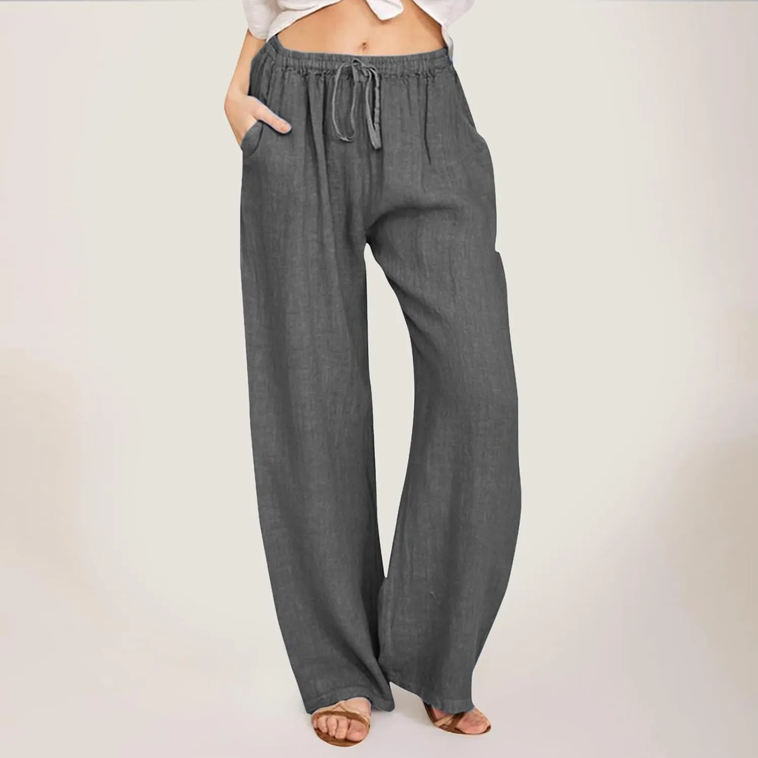 Women High Waist Wide Leg Pants Fashion Drawstring Elastic Beach Trousers Summer Comfy Straight Leg Long Pants Pockets