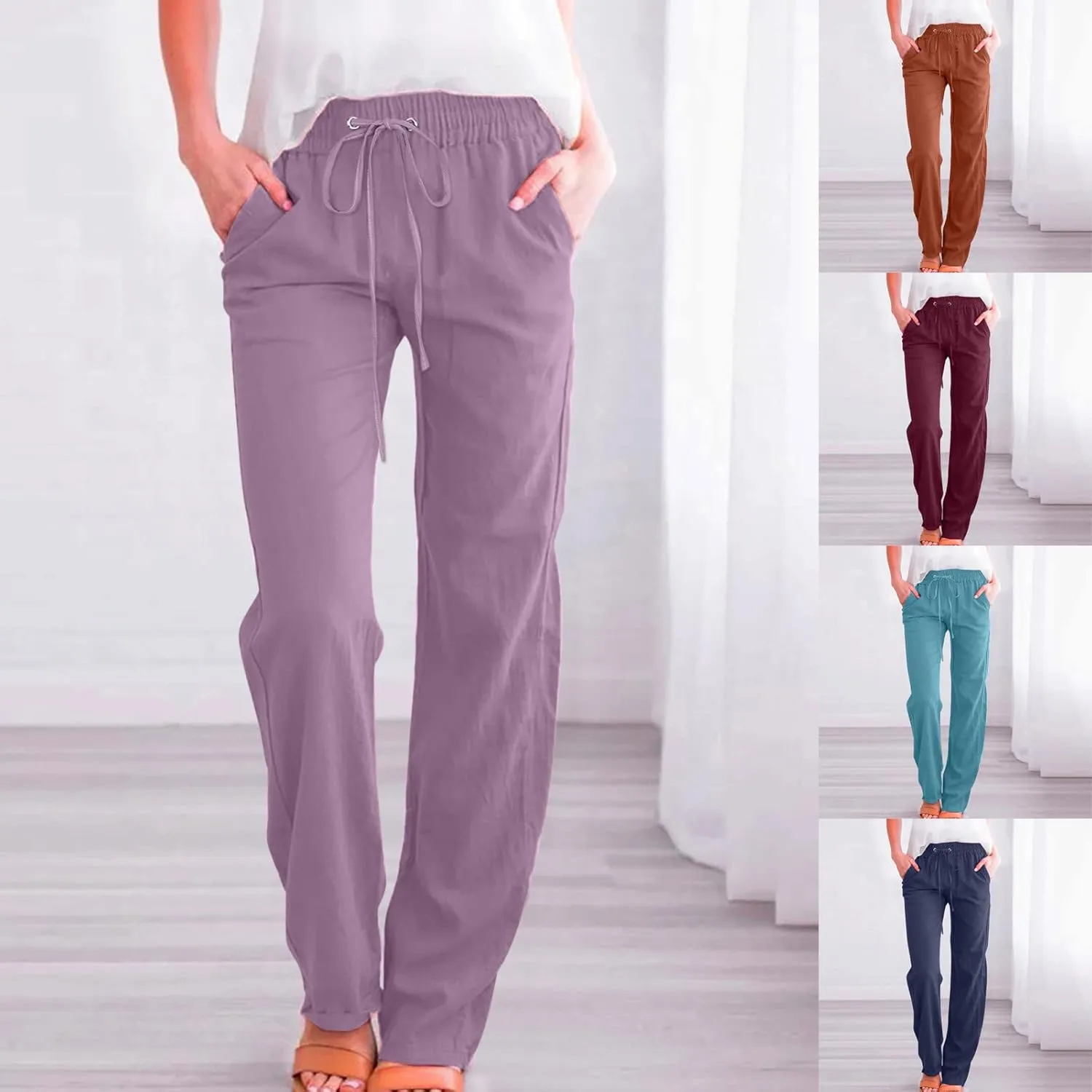 Women Linen Pants Casual Straight Leg Pants Drawstring Waist Long Pants Comfy Work Trousers Summer Jogger Pants Plus