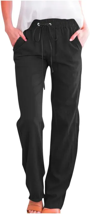 Women Linen Pants Casual Straight Leg Pants Drawstring Waist Long Pants Comfy Work Trousers Summer Jogger Pants Plus