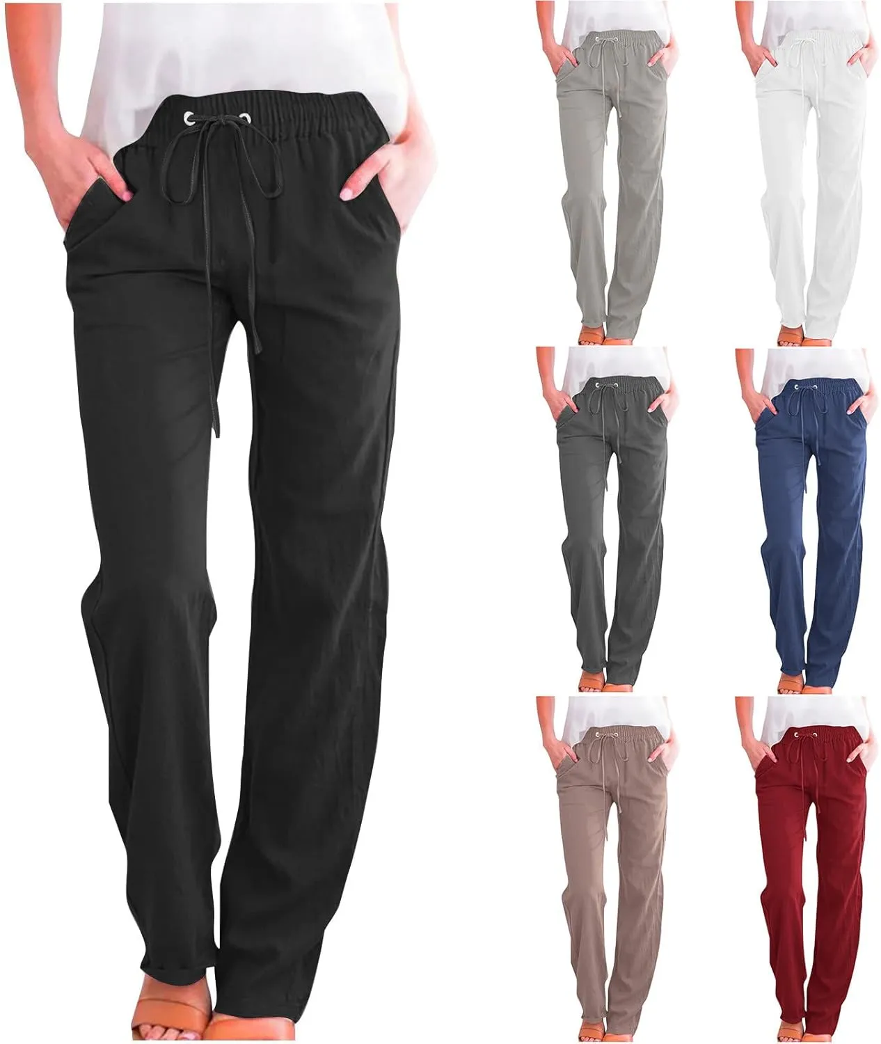 Women Linen Pants Casual Straight Leg Pants Drawstring Waist Long Pants Comfy Work Trousers Summer Jogger Pants Plus