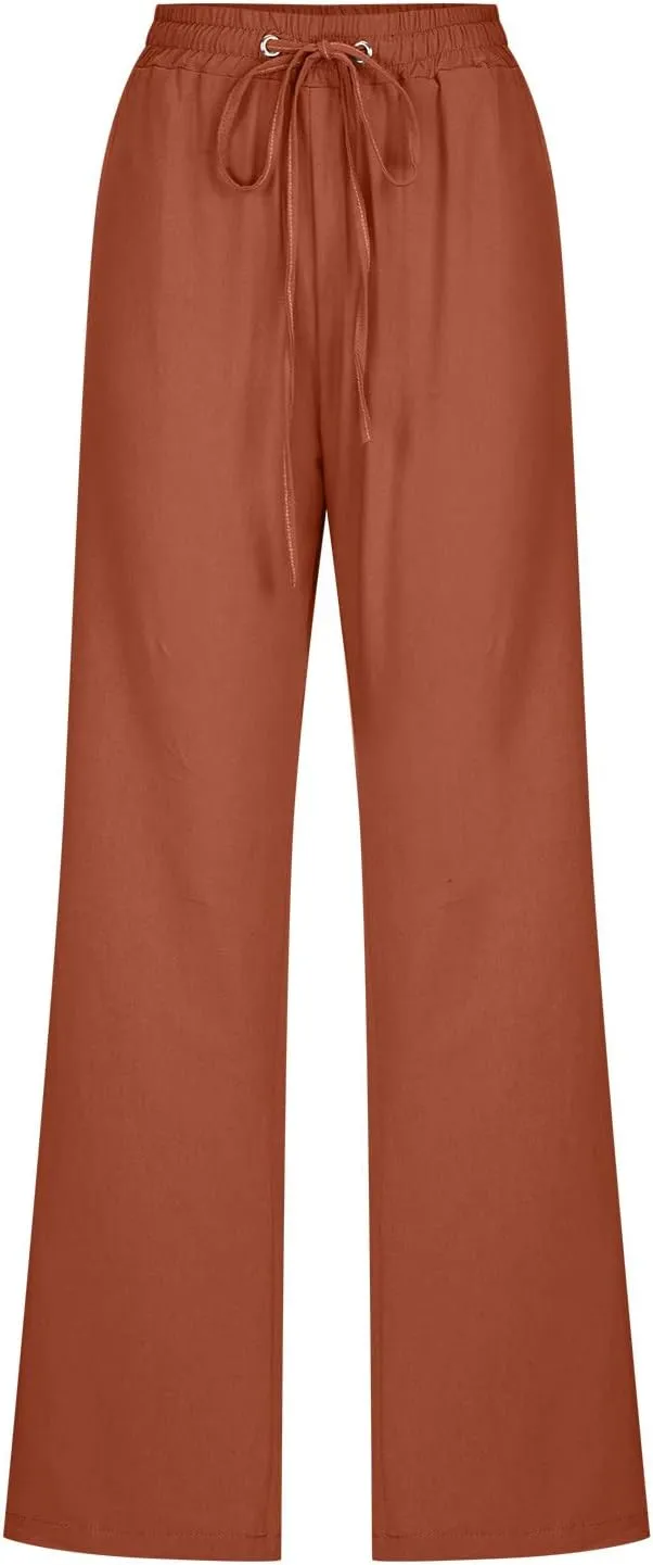 Women Linen Pants Casual Straight Leg Pants Drawstring Waist Long Pants Comfy Work Trousers Summer Jogger Pants Plus