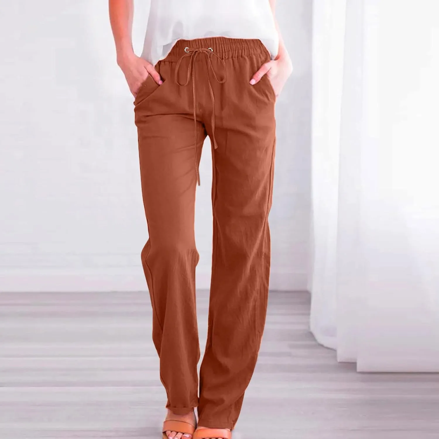Women Linen Pants Casual Straight Leg Pants Drawstring Waist Long Pants Comfy Work Trousers Summer Jogger Pants Plus