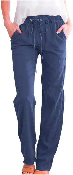 Women Linen Pants Casual Straight Leg Pants Drawstring Waist Long Pants Comfy Work Trousers Summer Jogger Pants Plus