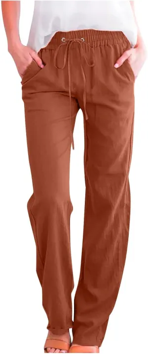 Women Linen Pants Casual Straight Leg Pants Drawstring Waist Long Pants Comfy Work Trousers Summer Jogger Pants Plus