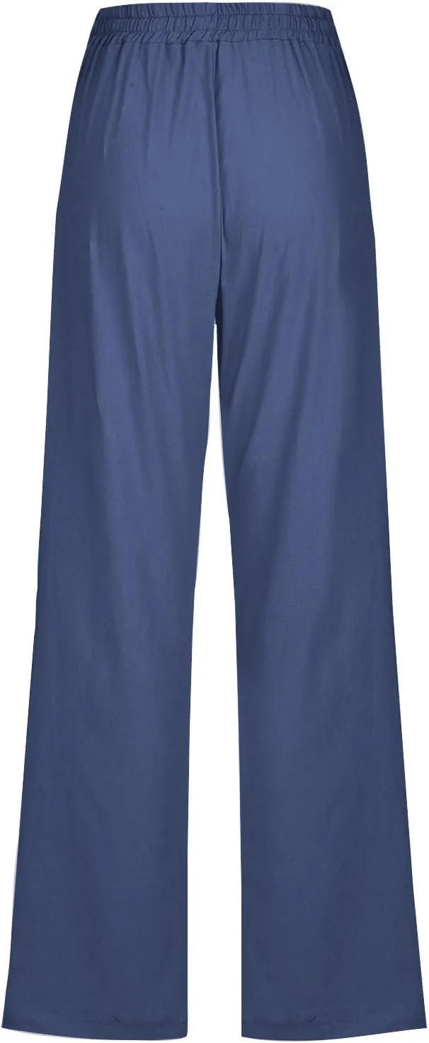 Women Linen Pants Casual Straight Leg Pants Drawstring Waist Long Pants Comfy Work Trousers Summer Jogger Pants Plus