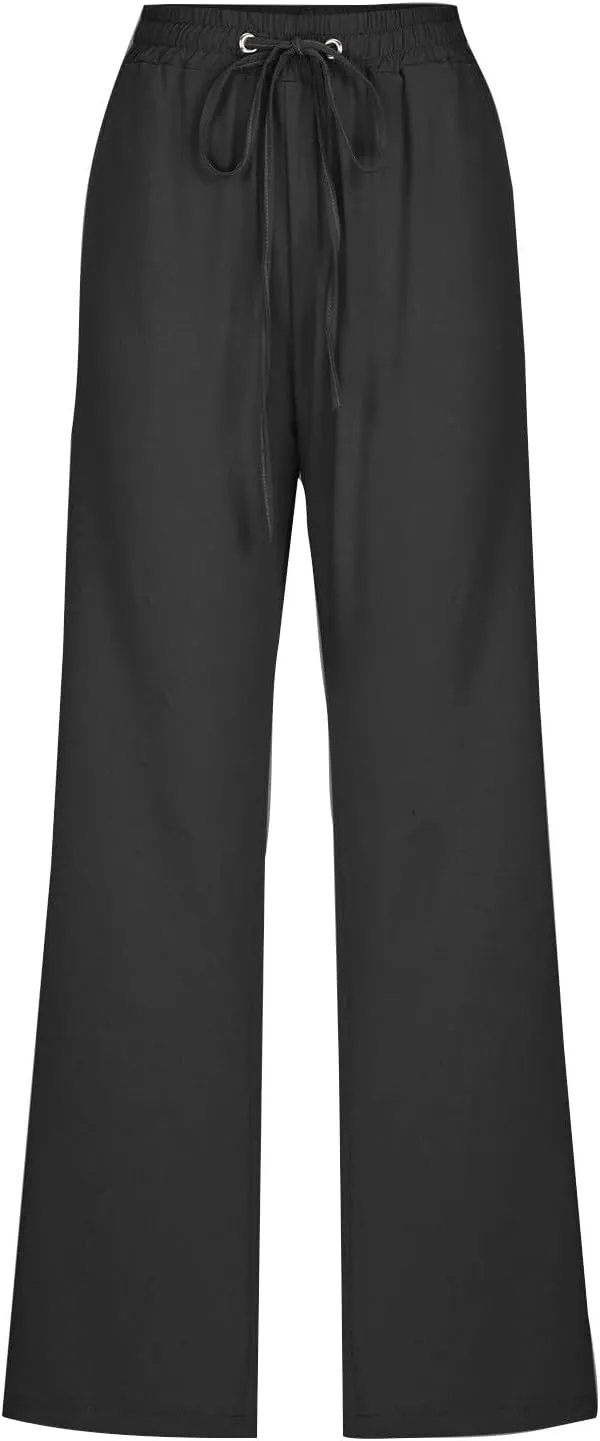 Women Linen Pants Casual Straight Leg Pants Drawstring Waist Long Pants Comfy Work Trousers Summer Jogger Pants Plus