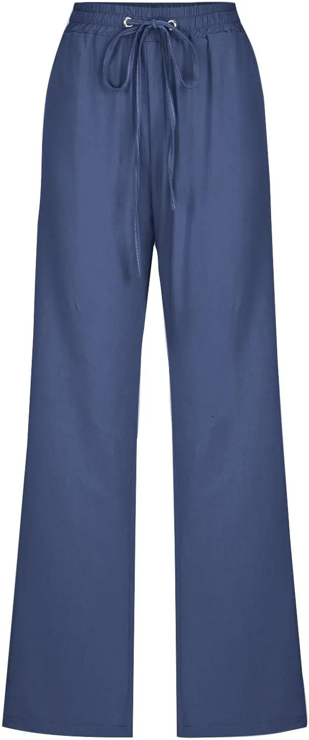 Women Linen Pants Casual Straight Leg Pants Drawstring Waist Long Pants Comfy Work Trousers Summer Jogger Pants Plus
