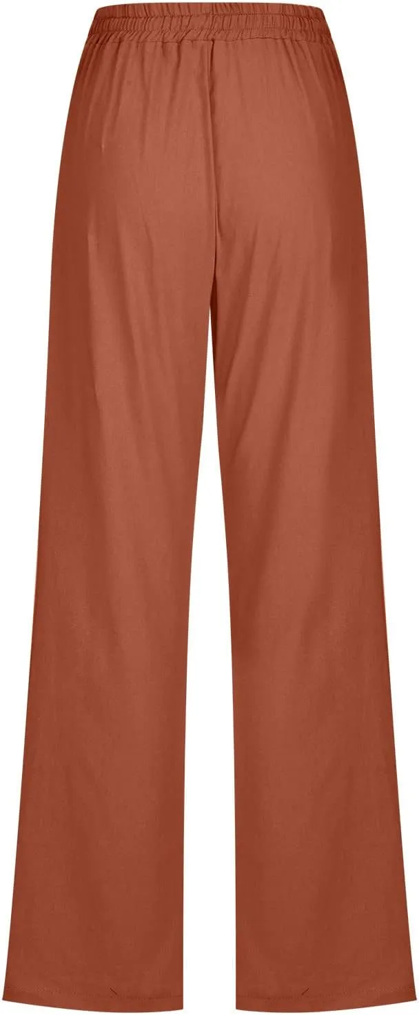 Women Linen Pants Casual Straight Leg Pants Drawstring Waist Long Pants Comfy Work Trousers Summer Jogger Pants Plus