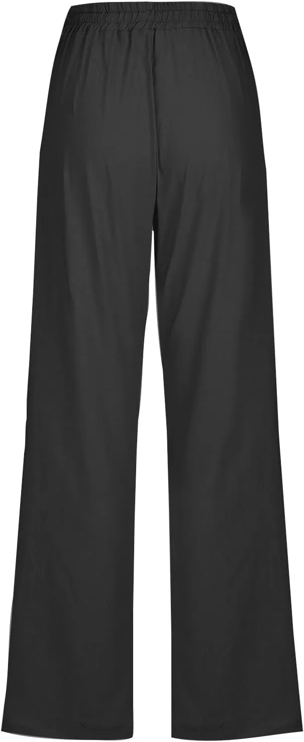 Women Linen Pants Casual Straight Leg Pants Drawstring Waist Long Pants Comfy Work Trousers Summer Jogger Pants Plus