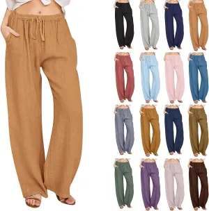 Women Linen Pants Summer Wide Leg Pants with Pockets Boho Beach Pants High Waist Drawstring Flowy Palazzo Pants