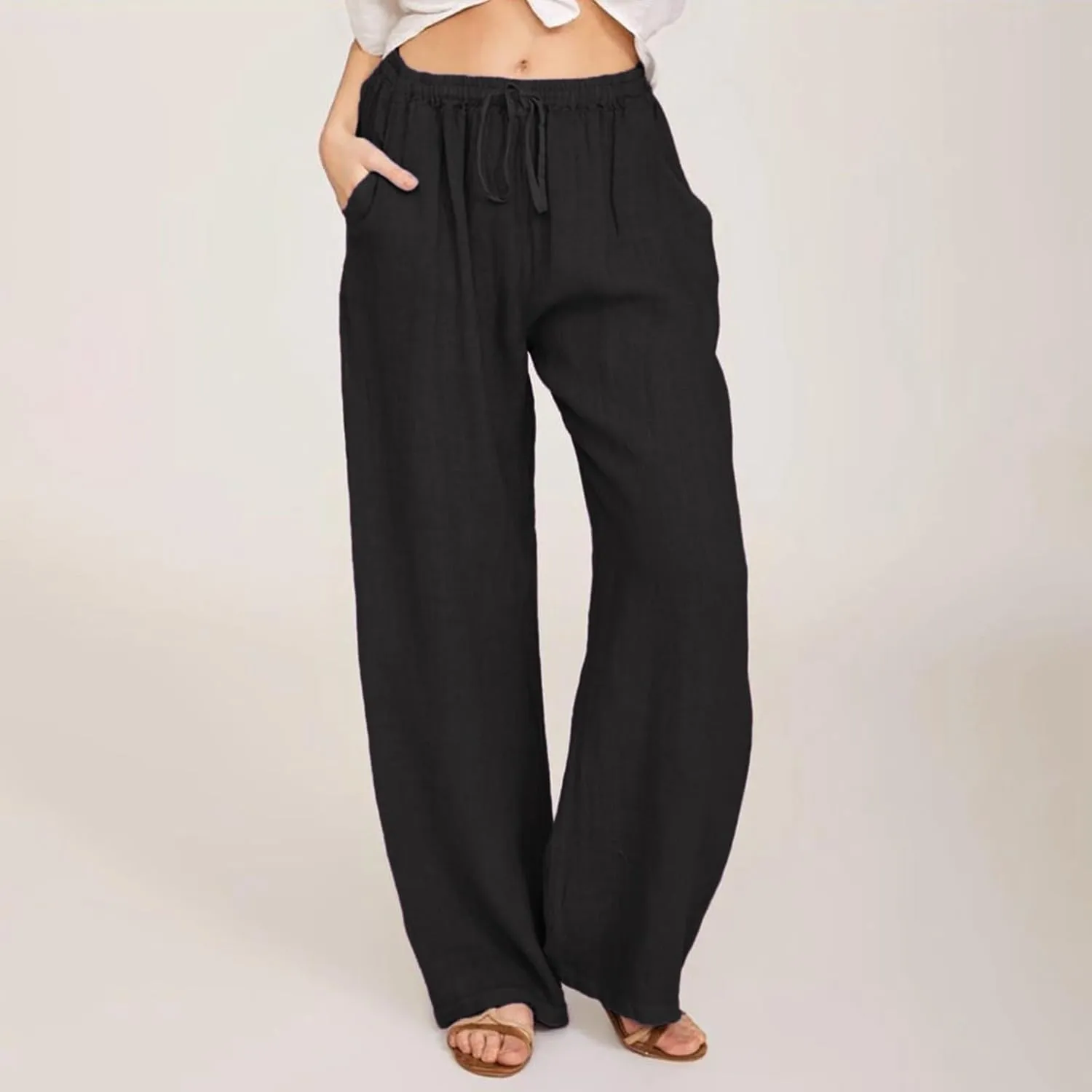 Women Linen Pants Summer Wide Leg Pants with Pockets Boho Beach Pants High Waist Drawstring Flowy Palazzo Pants