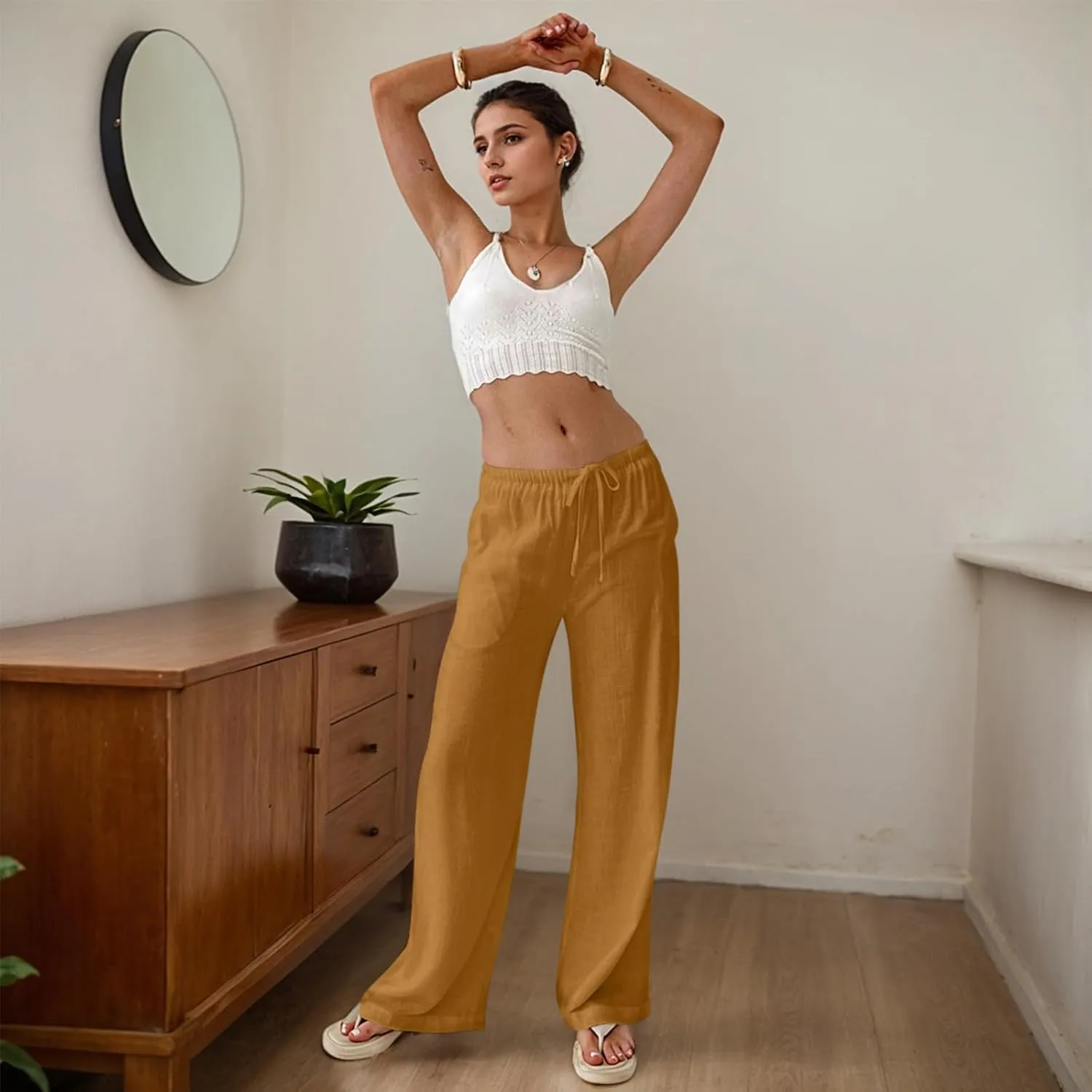 Women Linen Pants Summer Wide Leg Pants with Pockets Boho Beach Pants High Waist Drawstring Flowy Palazzo Pants