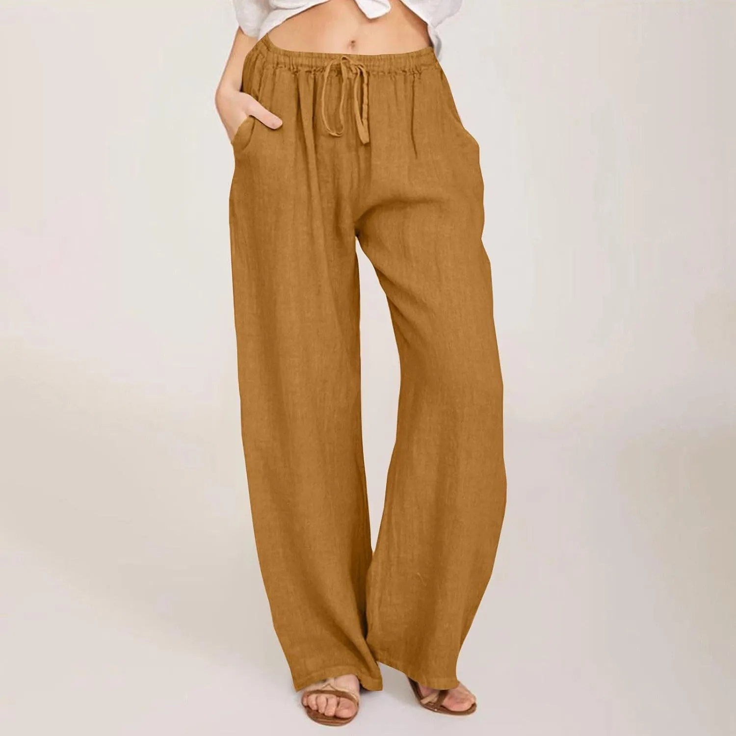 Women Linen Pants Summer Wide Leg Pants with Pockets Boho Beach Pants High Waist Drawstring Flowy Palazzo Pants
