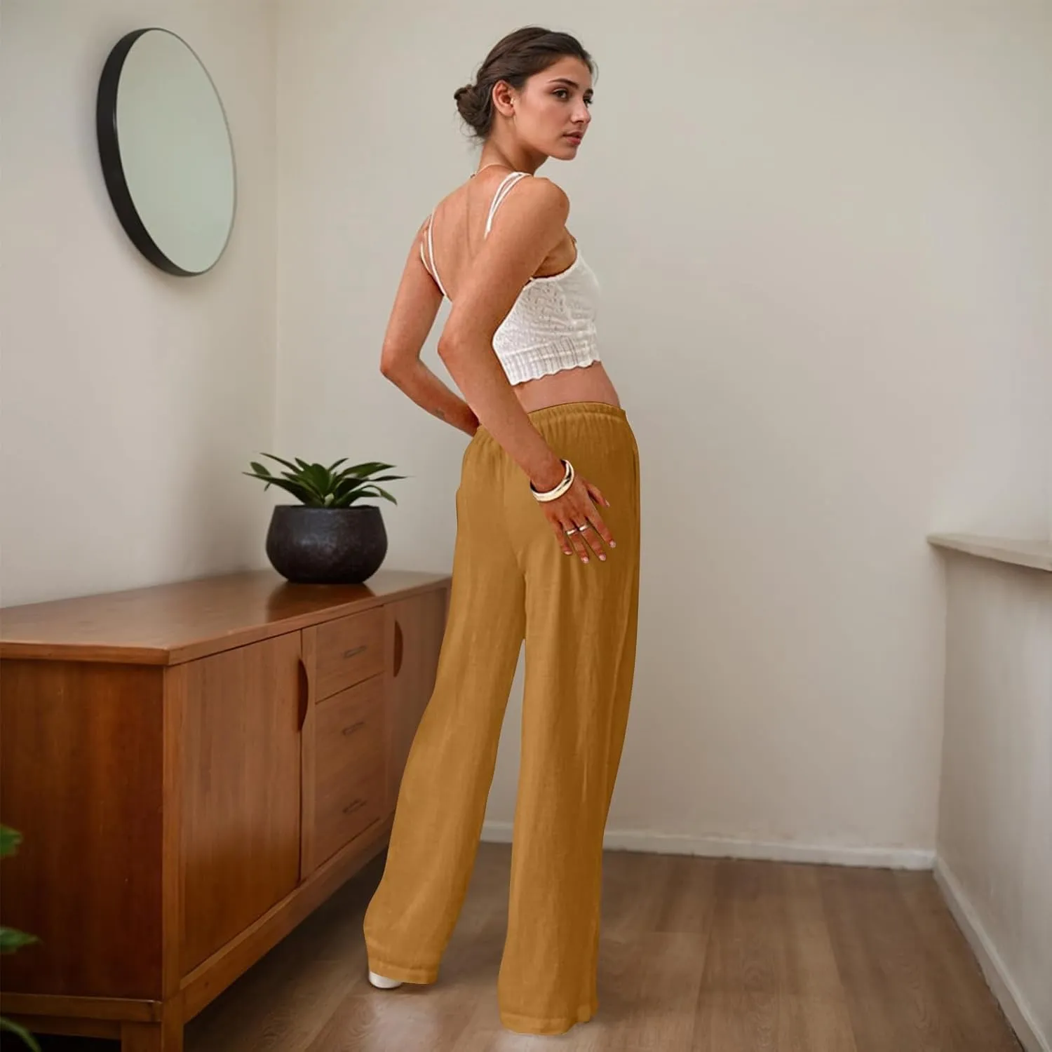 Women Linen Pants Summer Wide Leg Pants with Pockets Boho Beach Pants High Waist Drawstring Flowy Palazzo Pants