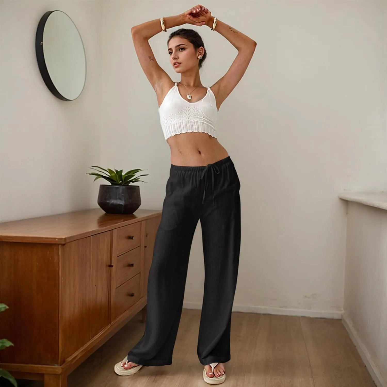 Women Linen Pants Summer Wide Leg Pants with Pockets Boho Beach Pants High Waist Drawstring Flowy Palazzo Pants