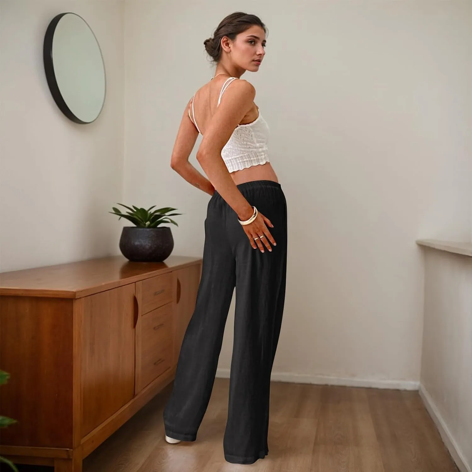 Women Linen Pants Summer Wide Leg Pants with Pockets Boho Beach Pants High Waist Drawstring Flowy Palazzo Pants