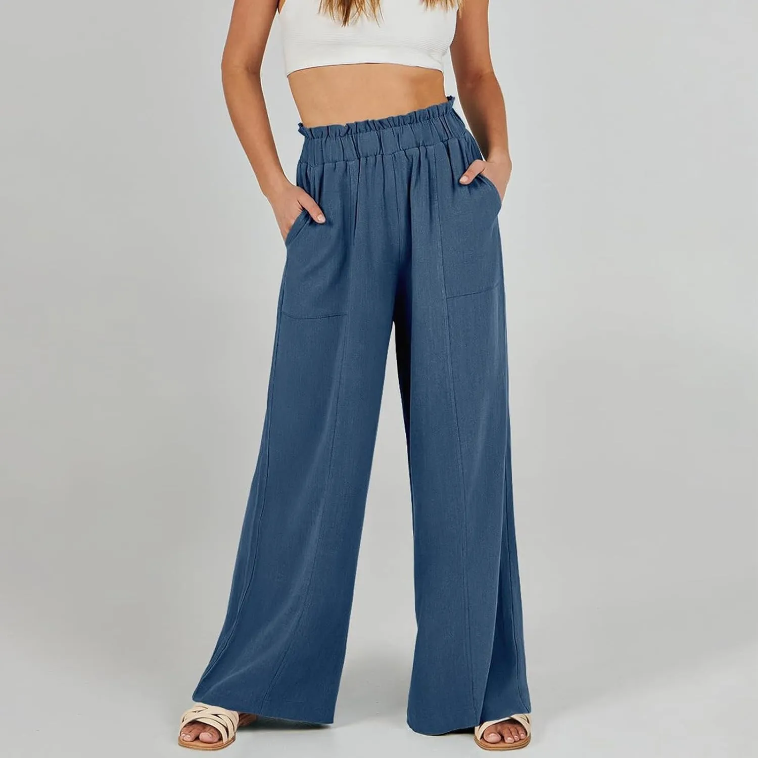 Women Linen Pants Summer Wide Leg Pants with Pockets Ruffle Palazzo Pants Flowy Boho Beach Pants Lounge Pant