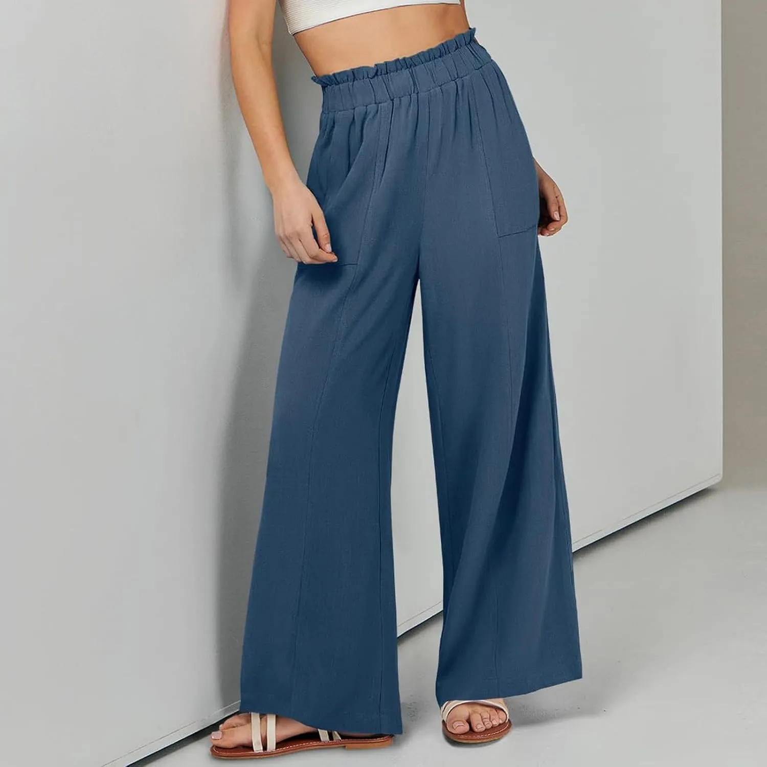 Women Linen Pants Summer Wide Leg Pants with Pockets Ruffle Palazzo Pants Flowy Boho Beach Pants Lounge Pant